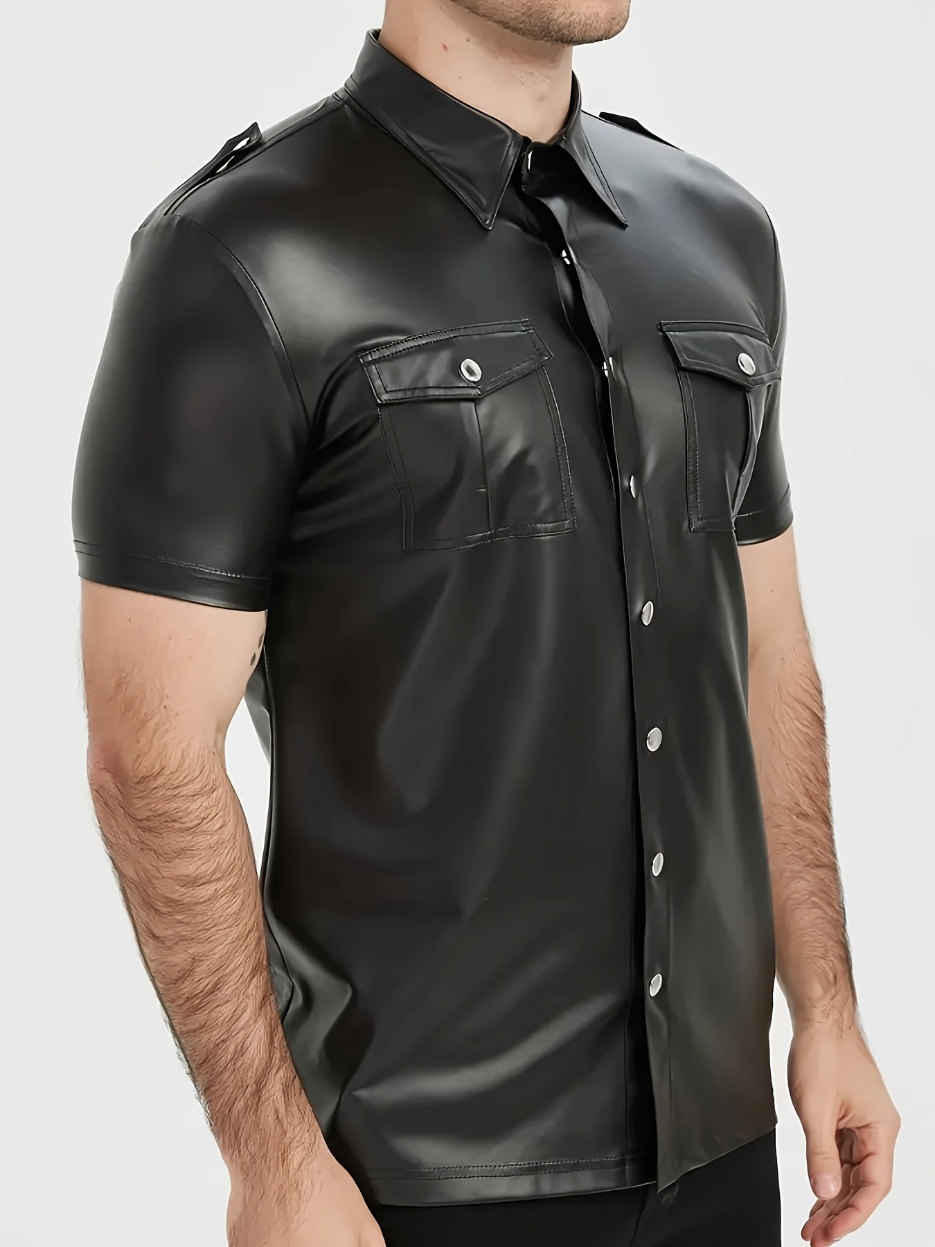 Men's PU leather short-sleeved - Men Formal Party Wear Shirt 评论和价格