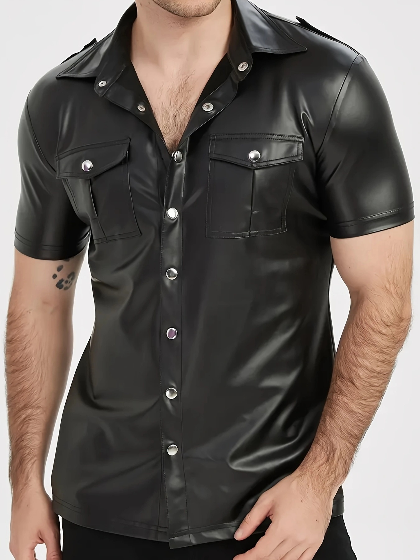 Men's PU leather short-sleeved - Men Formal Party Wear Shirt 评论和价格