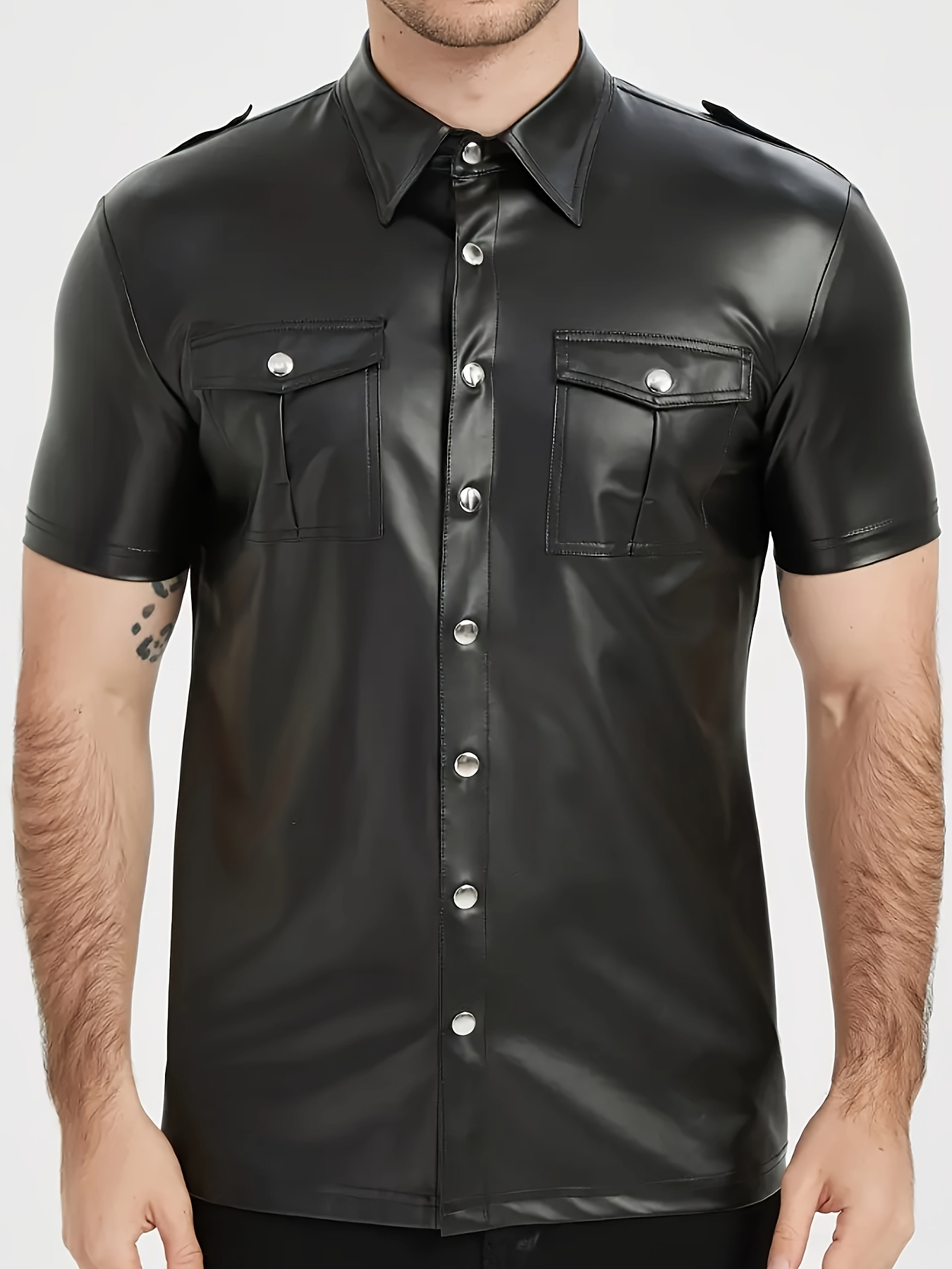 Men's PU leather short-sleeved - Men Formal Party Wear Shirt 评论和价格